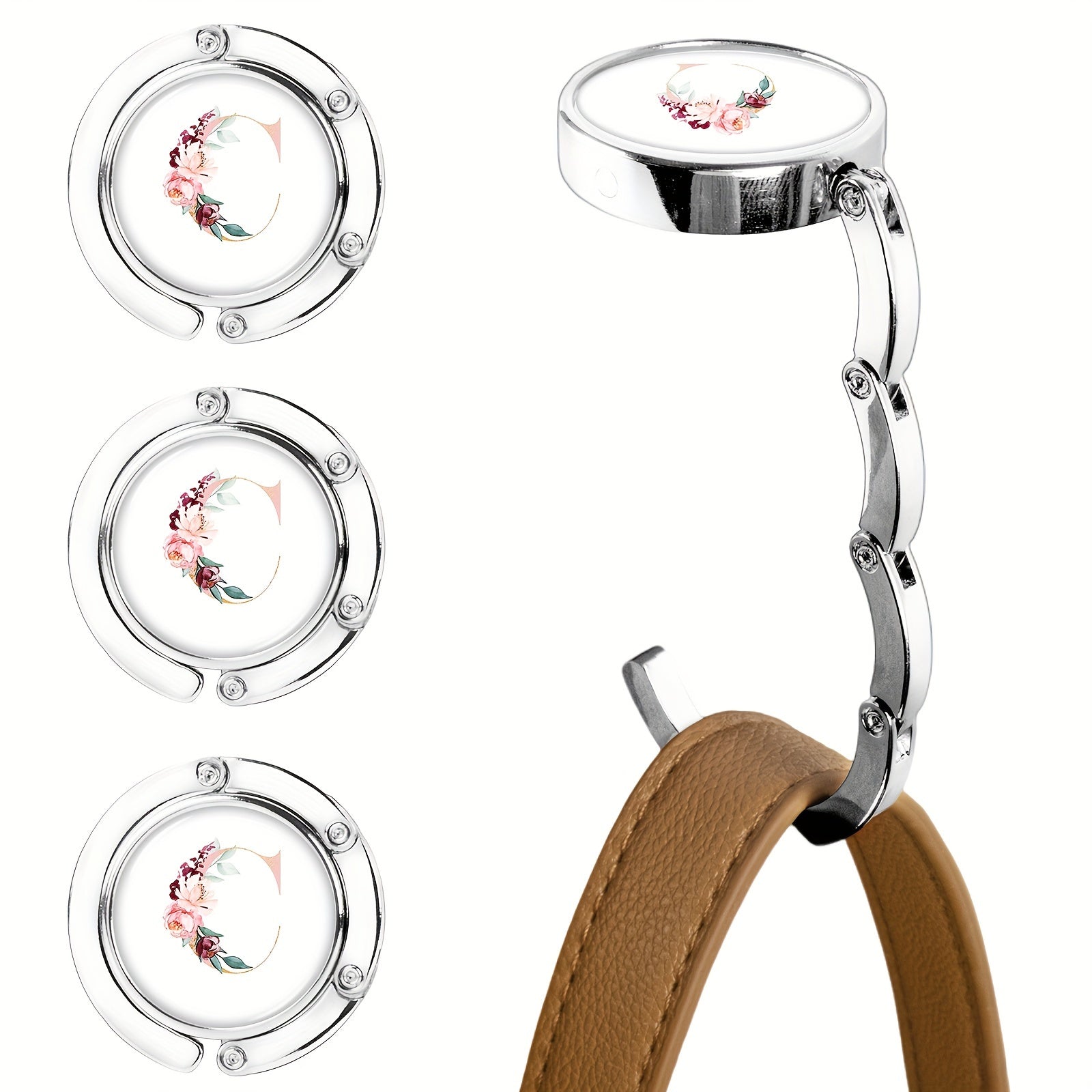 Набор из 3-х складных крючков для кошельков с цветочным дизайном букв, изготовленных из металла для подвешивания сумок на столах. Стильная подставка для сумок и органайзер для стола для женщин.