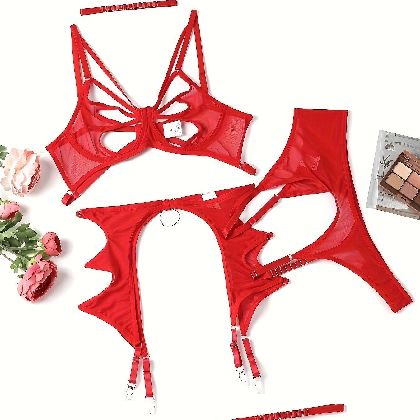 Women's Butterfly Lingerie Set with See-Through Spaghetti Straps and Leg Straps Bra and Panty