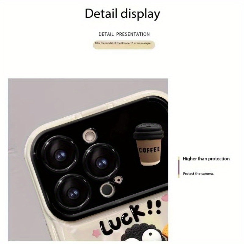 Large Window Flip Mirror Phone Case for iPhone with Coal Ball Coffee Doll Design Full Cover Edge Anti-Fall TPU