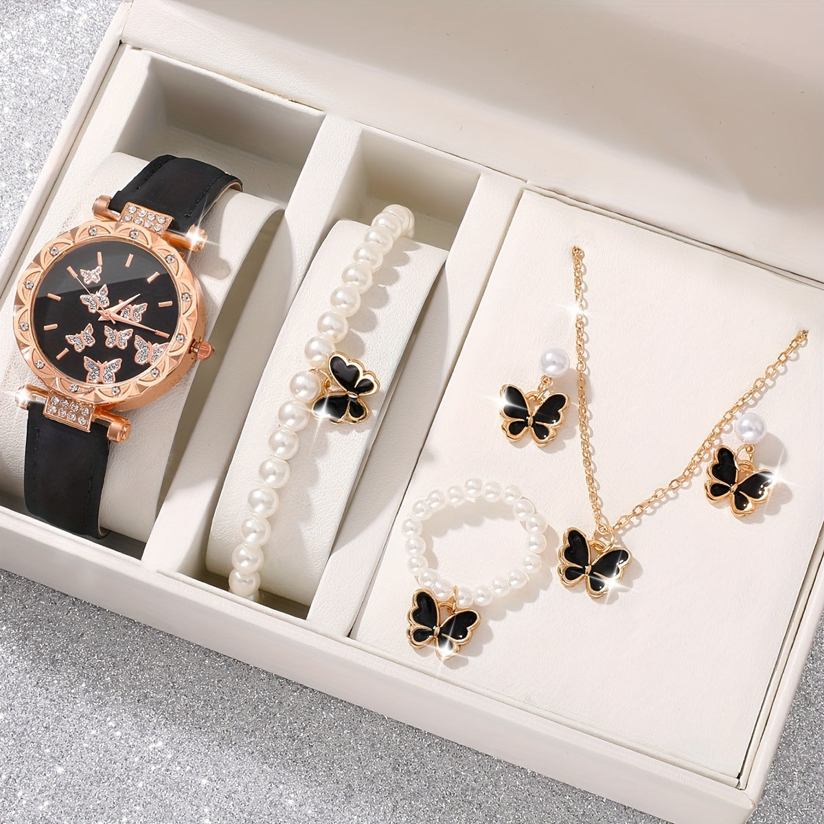 Set of 6 Women's Elegant Butterfly Rhinestone Quartz Watches with Leather Bands and Jewelry