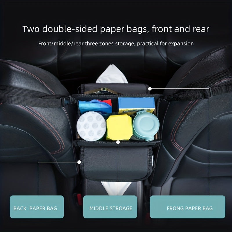 Organizador de asiento de coche con portavasos y caja de pañuelos de cuero PU negro