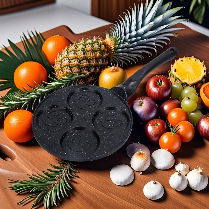 4-Cavity Non-Stick Mini Crepe Maker with Happy Face & Cartoon Patterns Aluminum Alloy Frying Pan