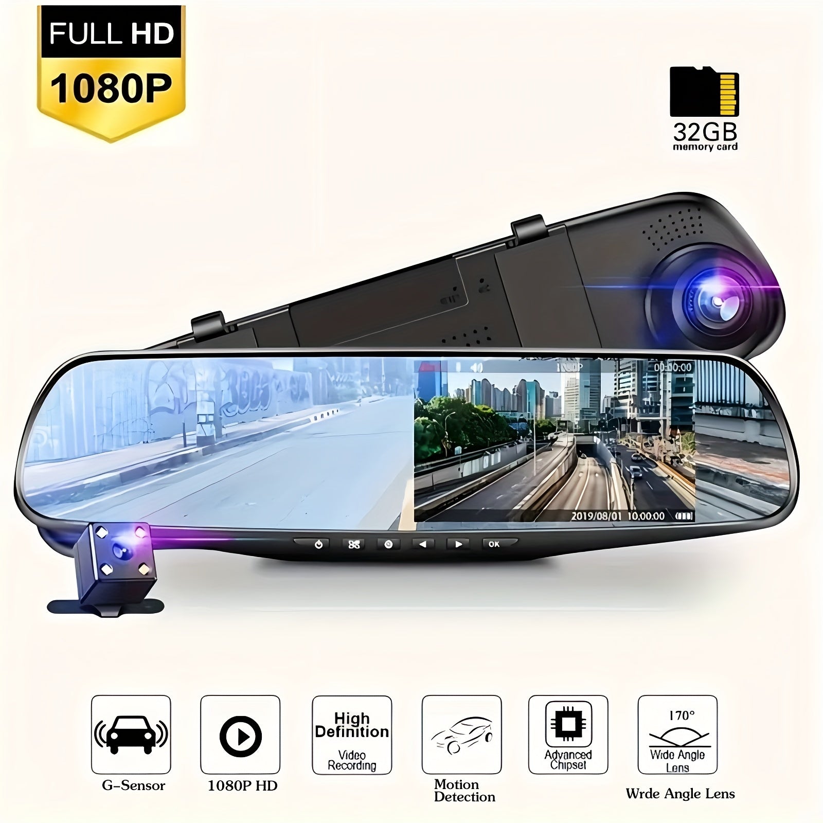 Wide-Angle Mirror with Dual 1080P HD Cameras Night Vision Motion Detection