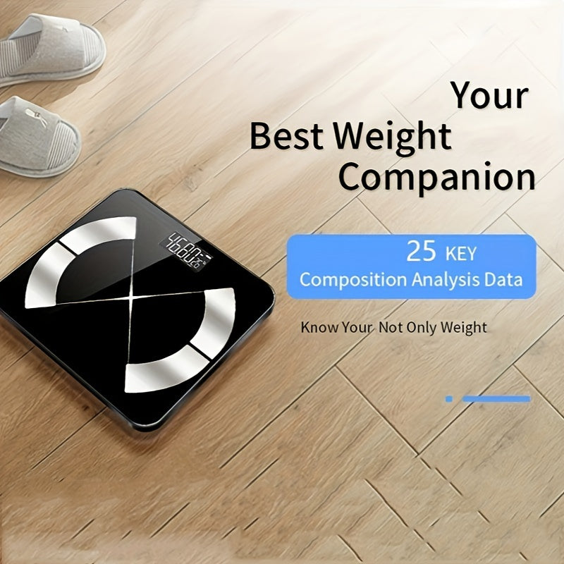 Small black body scale with battery-free operation 25 key analysis glass surface for home bathroom