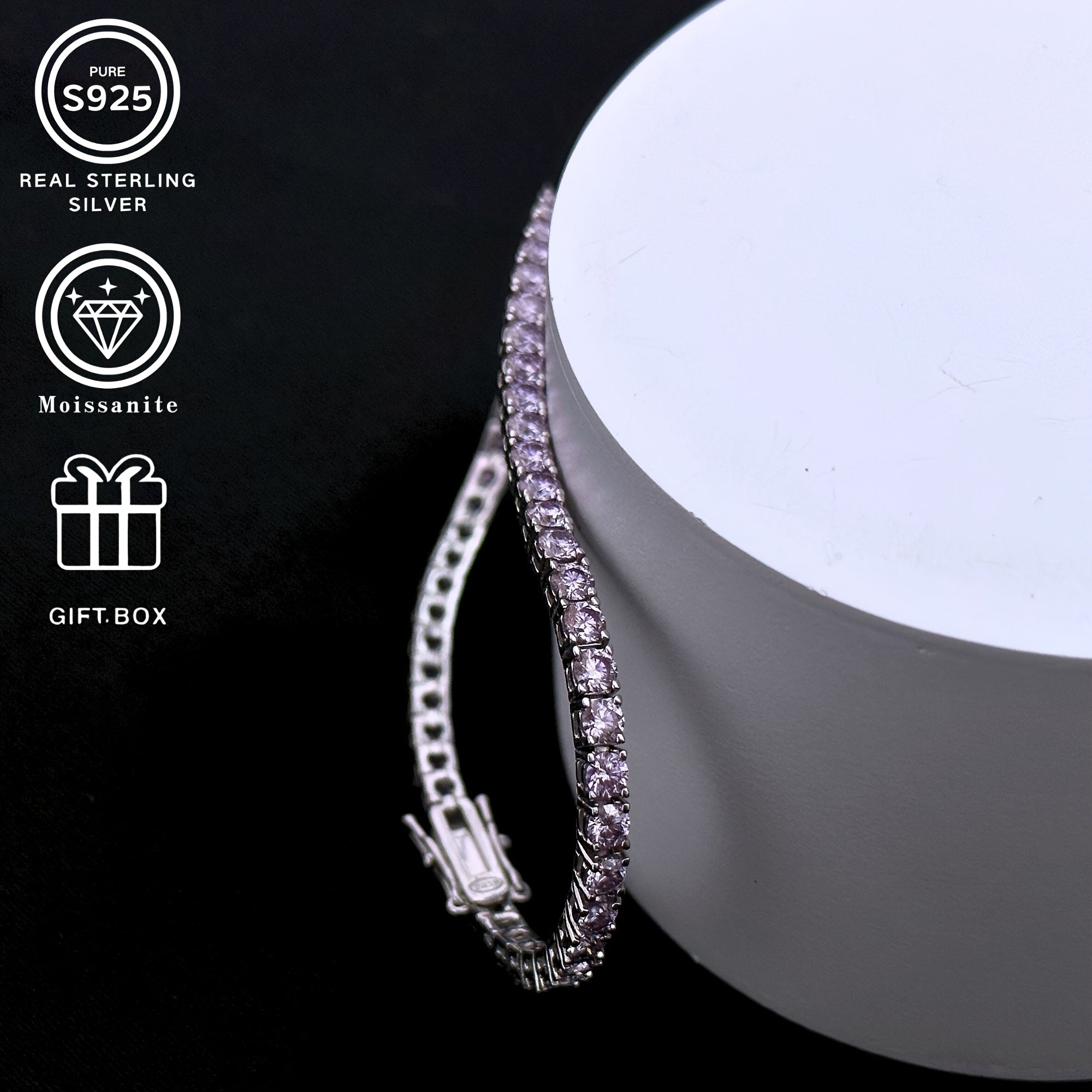 Pink Sparkling Moissanite Silver Bracelet 9.6G Elegant Jewelry Gift