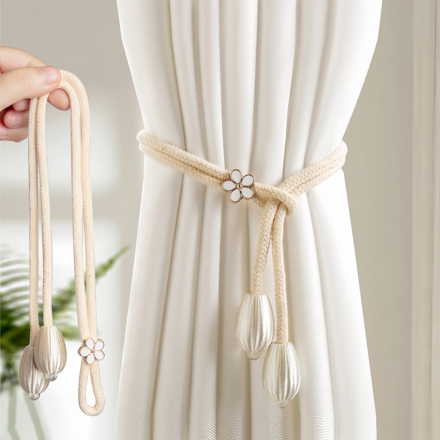 Set of 2 Magnetic Curtain Tiebacks Silk Rope Holdbacks for Living Room and Bedroom