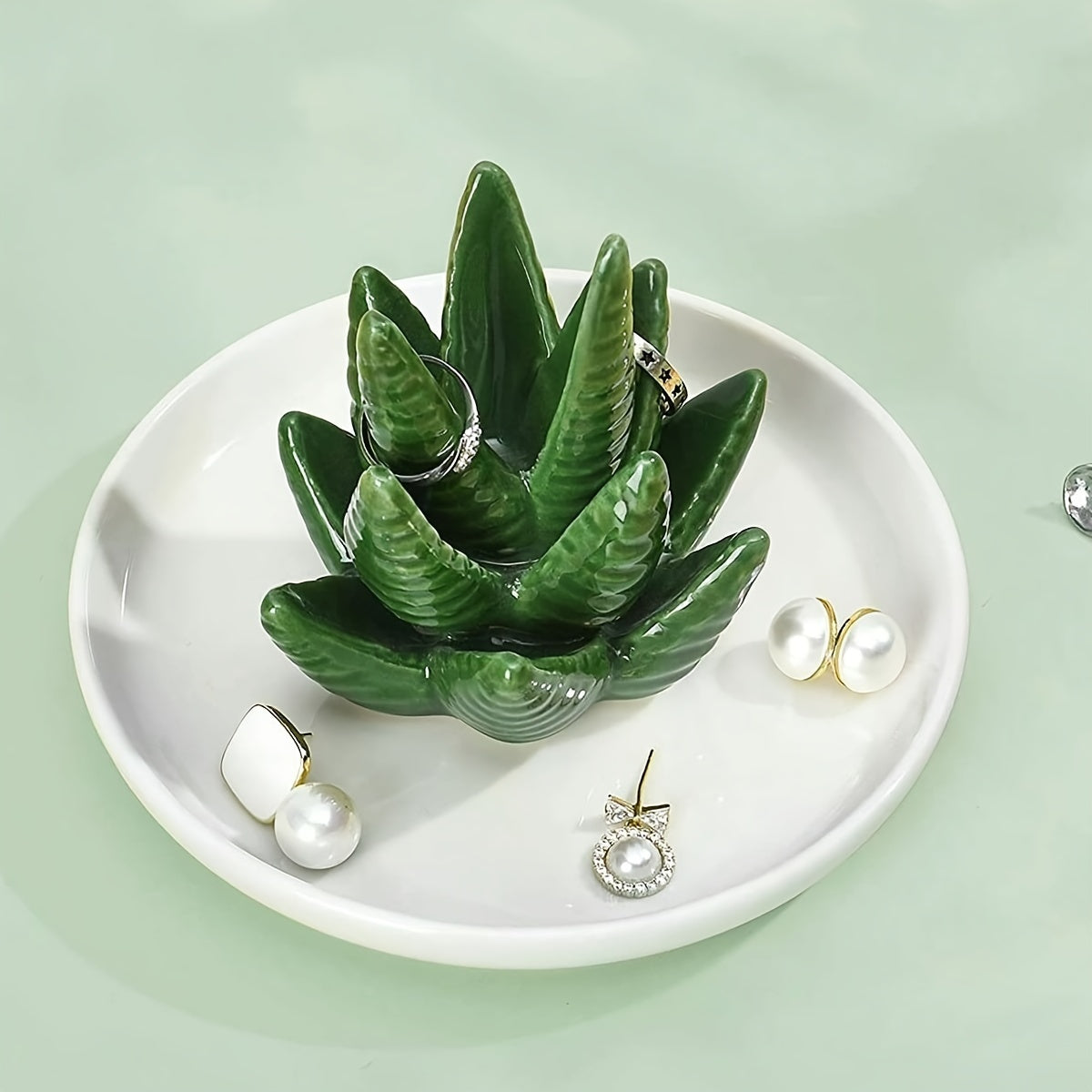 Ceramic Aloe Vera Ring Holder and Jewelry Display Tray Minimalist Style