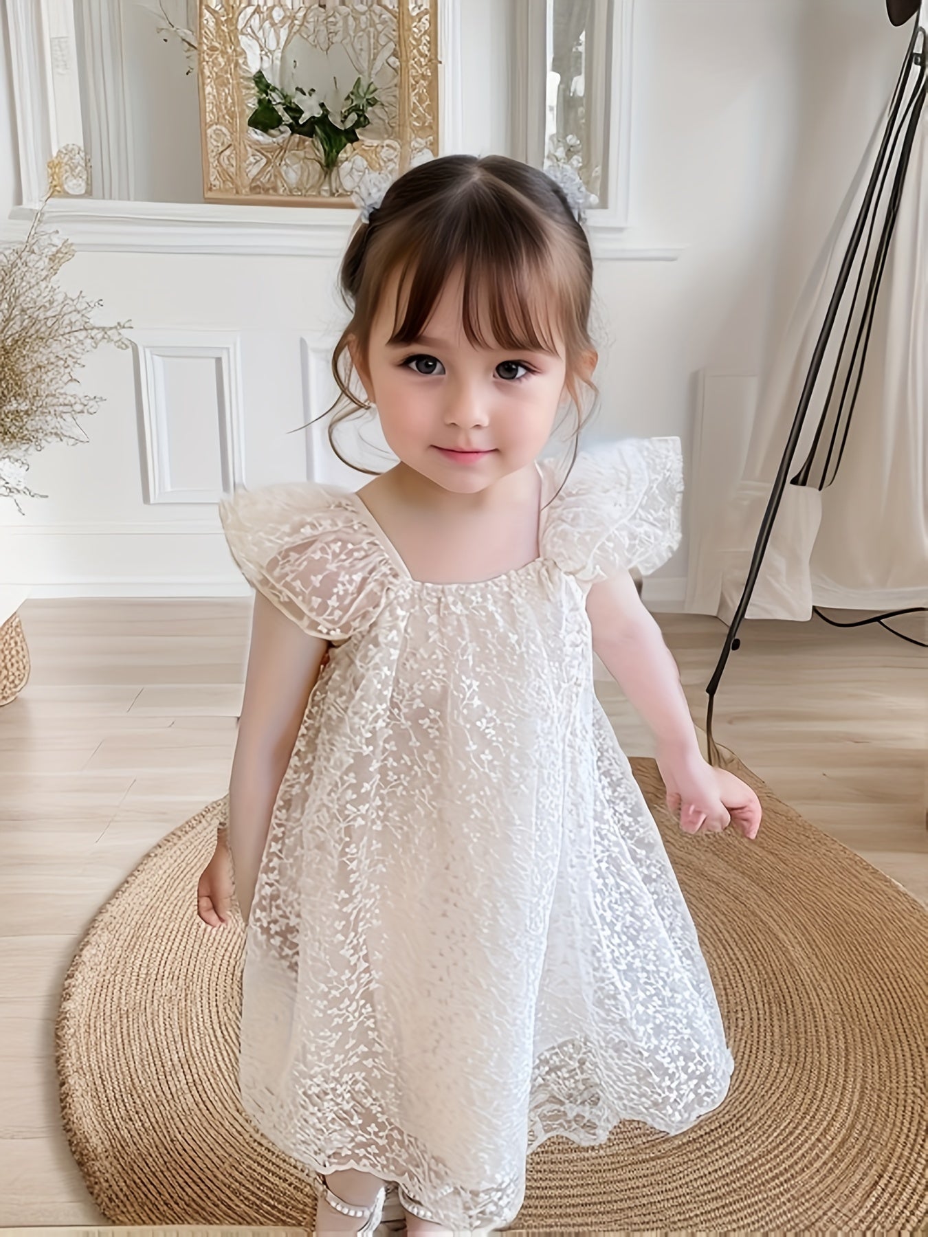 Qizlar uchun gullar bilan jacquard, uchuvchi yenglar va orqa qismi ochiq dizaynga ega nafis dantel ko'ylak.