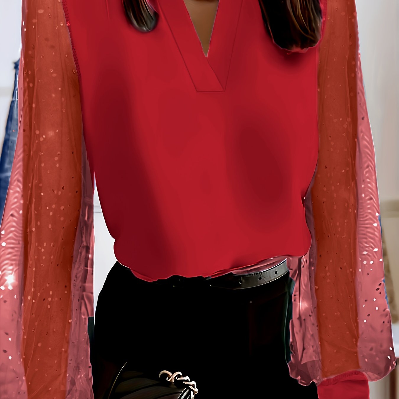 Women's V-Neck Blouse Long Sleeve Polyester Spandex Solid Color Casual Shirt