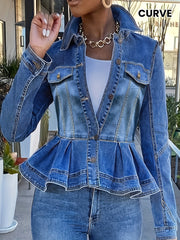 Women's Plus Size Denim Jacket Ruffle Hem Light Wash Blue Spring Outerwear