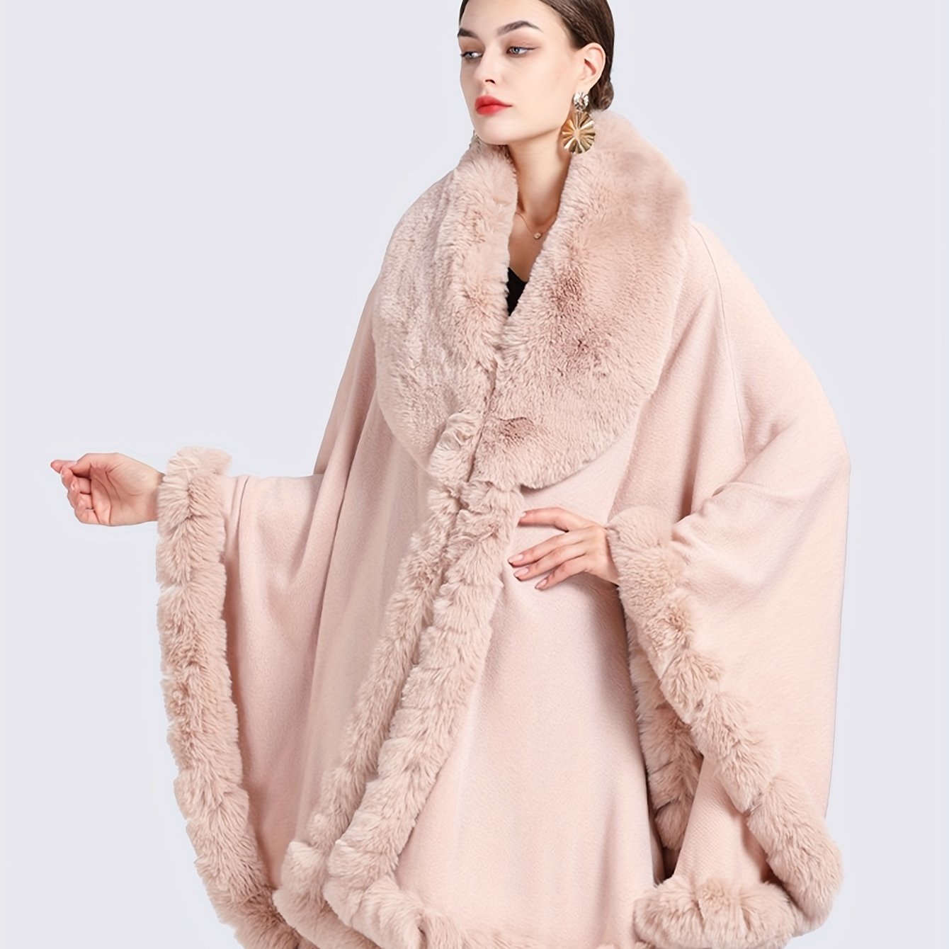 Plus Size Faux Fur Trim Cape for Women Fall Winter Open Front Shawl Solid Color