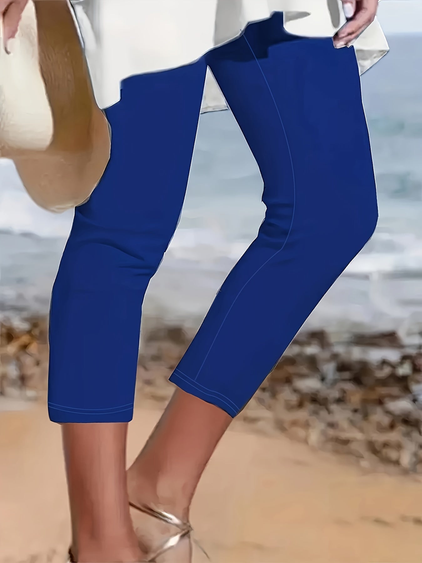 Plus Size Women's Three-Quarter Leggings Solid Color Elastic Waistband Set