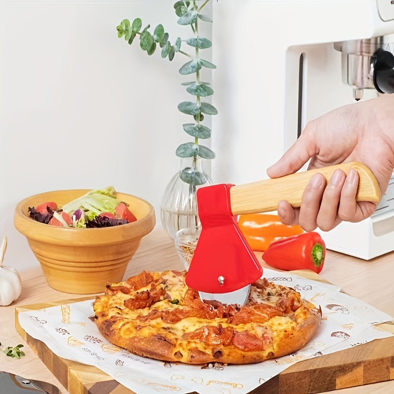 Stainless Steel Axe-Shaped Pizza Cutter 21cm with Bamboo Handle Kitchen Tool