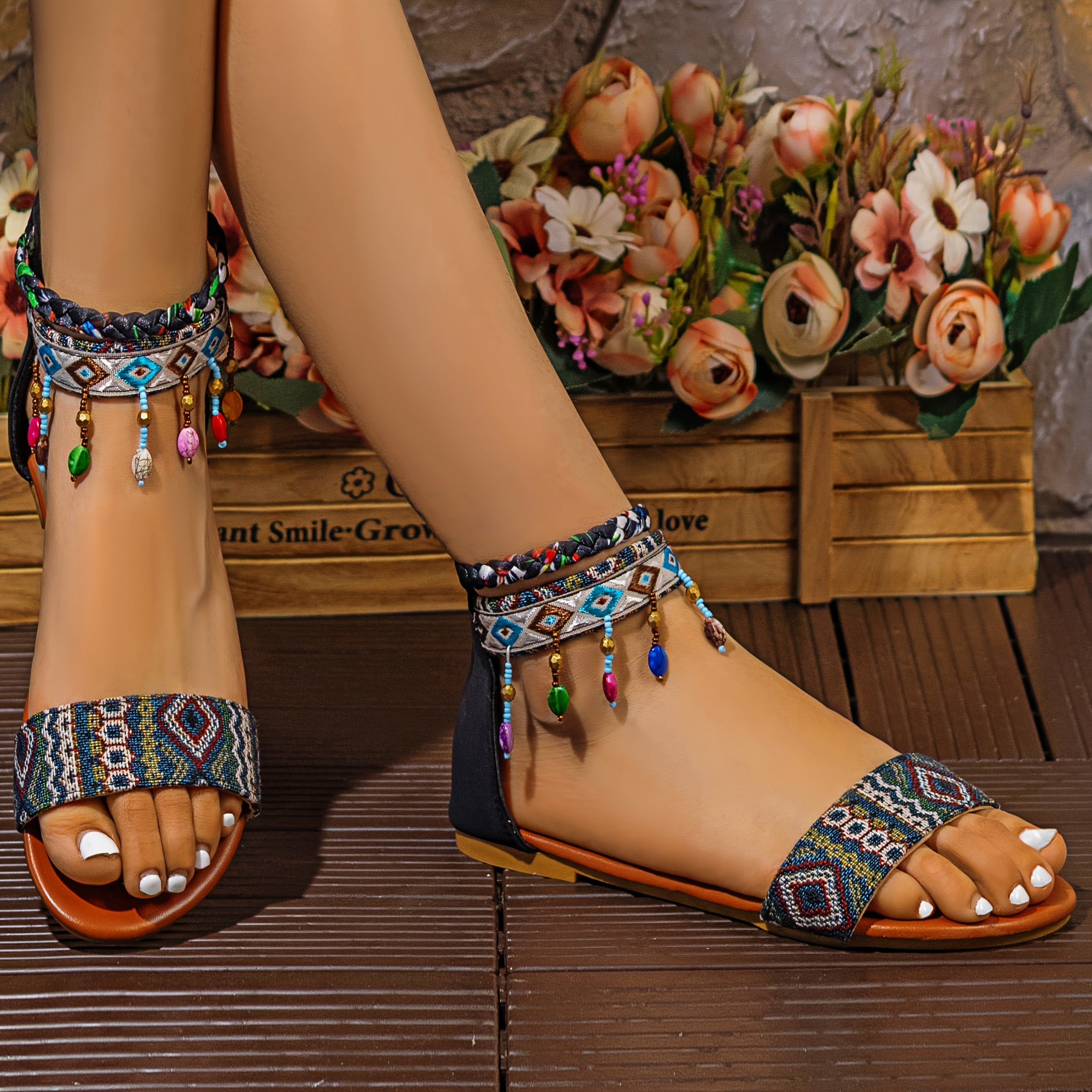 Women's Bohemian Beaded Flat Sandals with Ankle Straps Open Toe