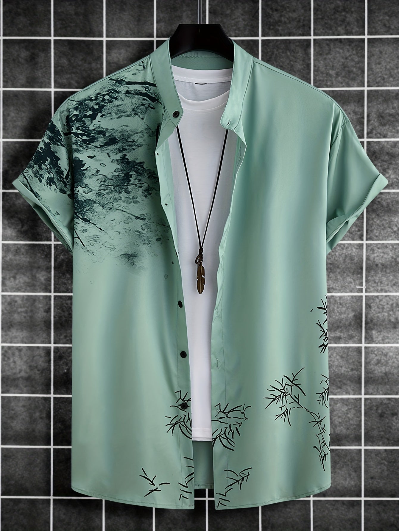 Мужская летняя повседневная рубашка с коротким рукавом и цветочным принтом в стиле ink wash, легкий и дышащий полиэстер