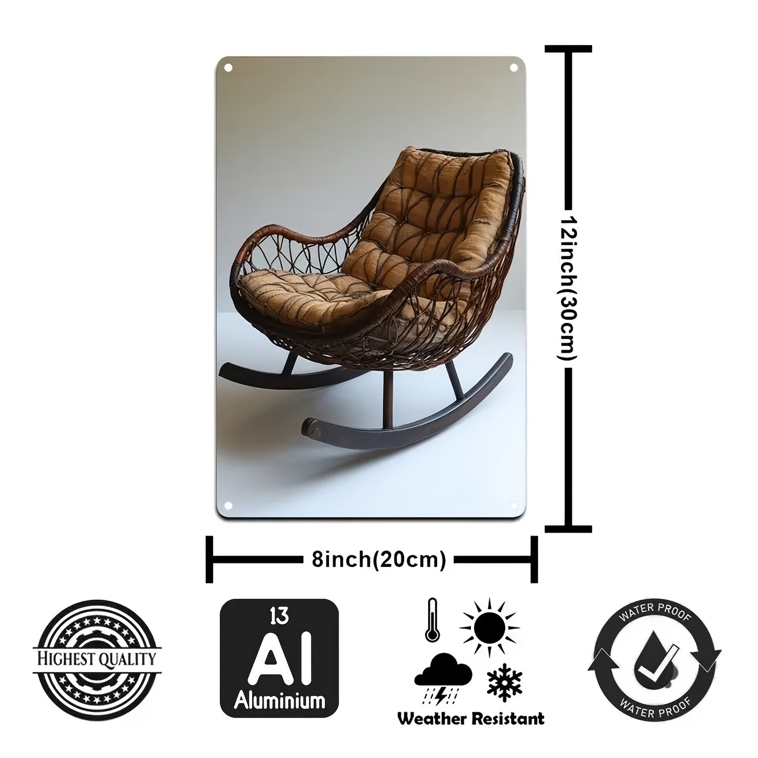 Metal and Rattan Wall Decor Rocking Chair Artwork with Upholstery and Wooden Legs