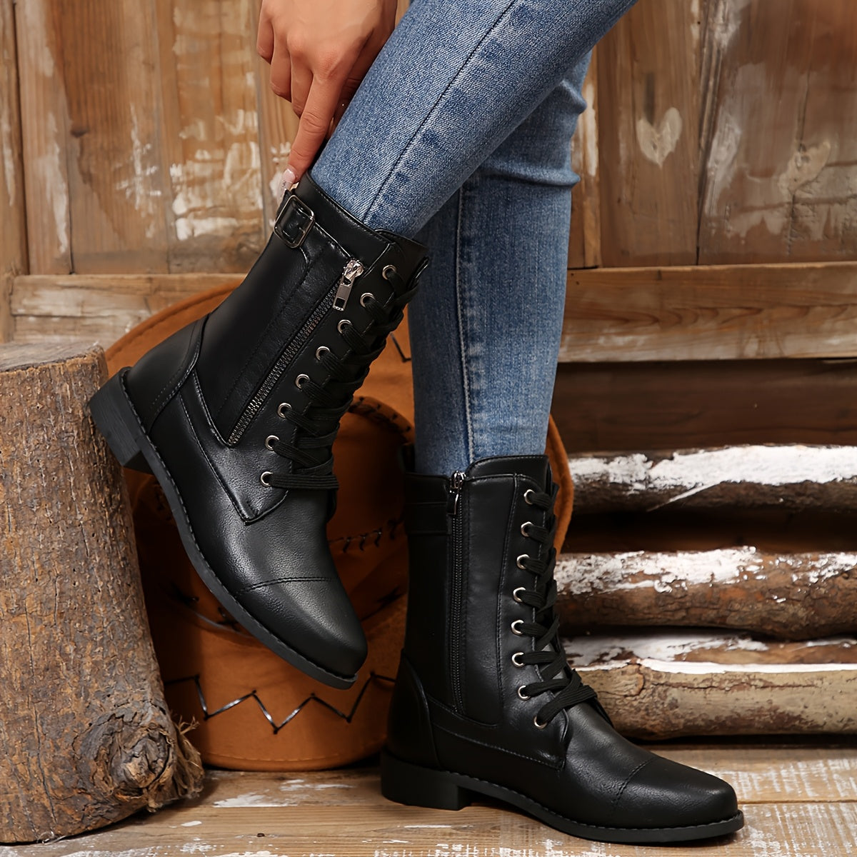 Women's Mid-Calf Faux Leather Boots with Zippers, Chunky Heel for Winter