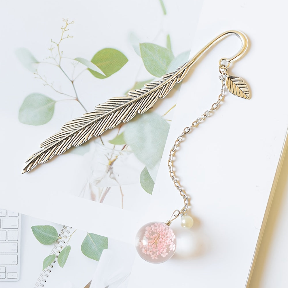 Dried Flower Bookmark with Metal Clip and Feather Pendant 12x2cm