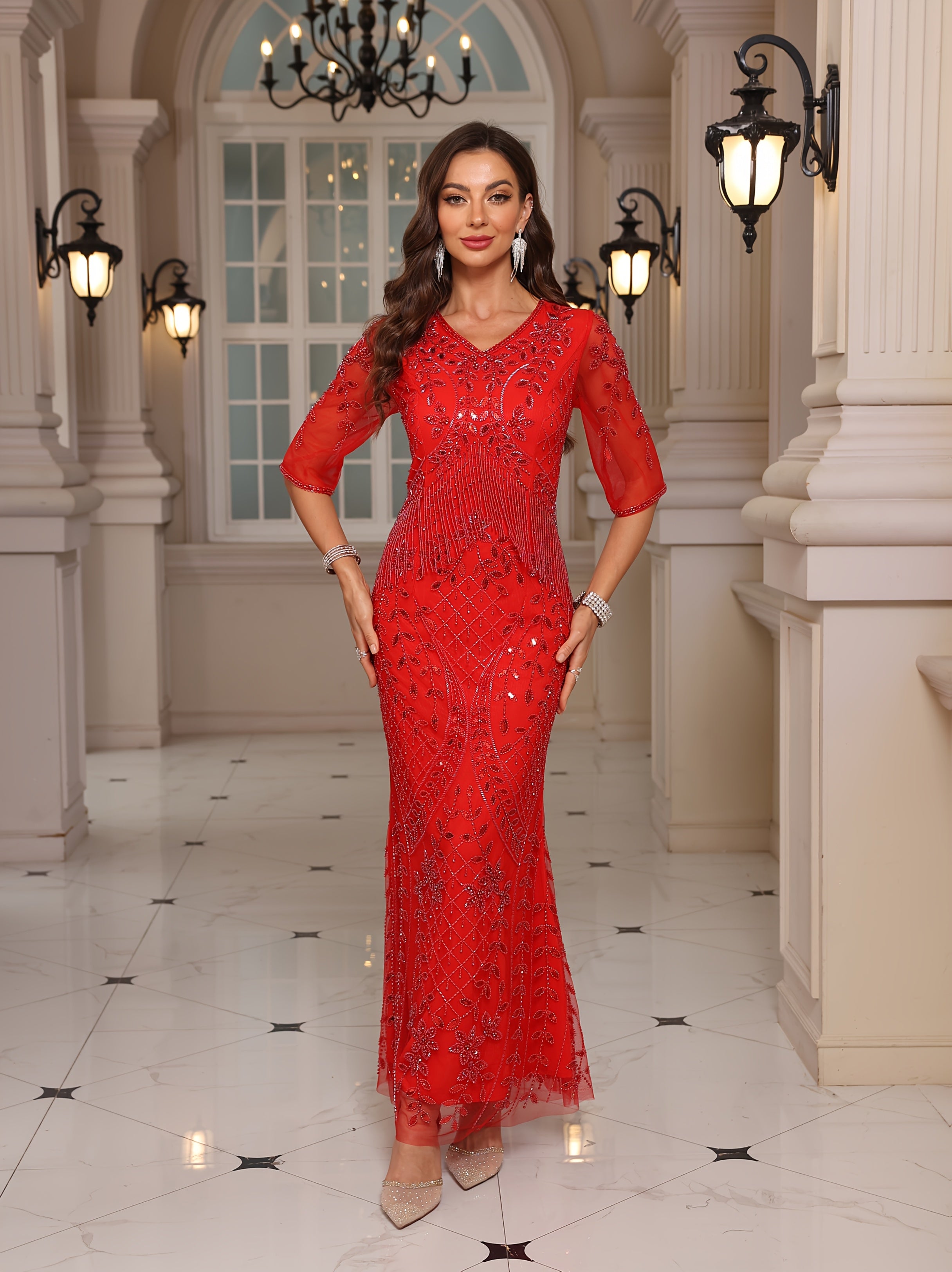 Plus Size Long Sleeve Red Sequin V-Neck Mermaid Dress for Women