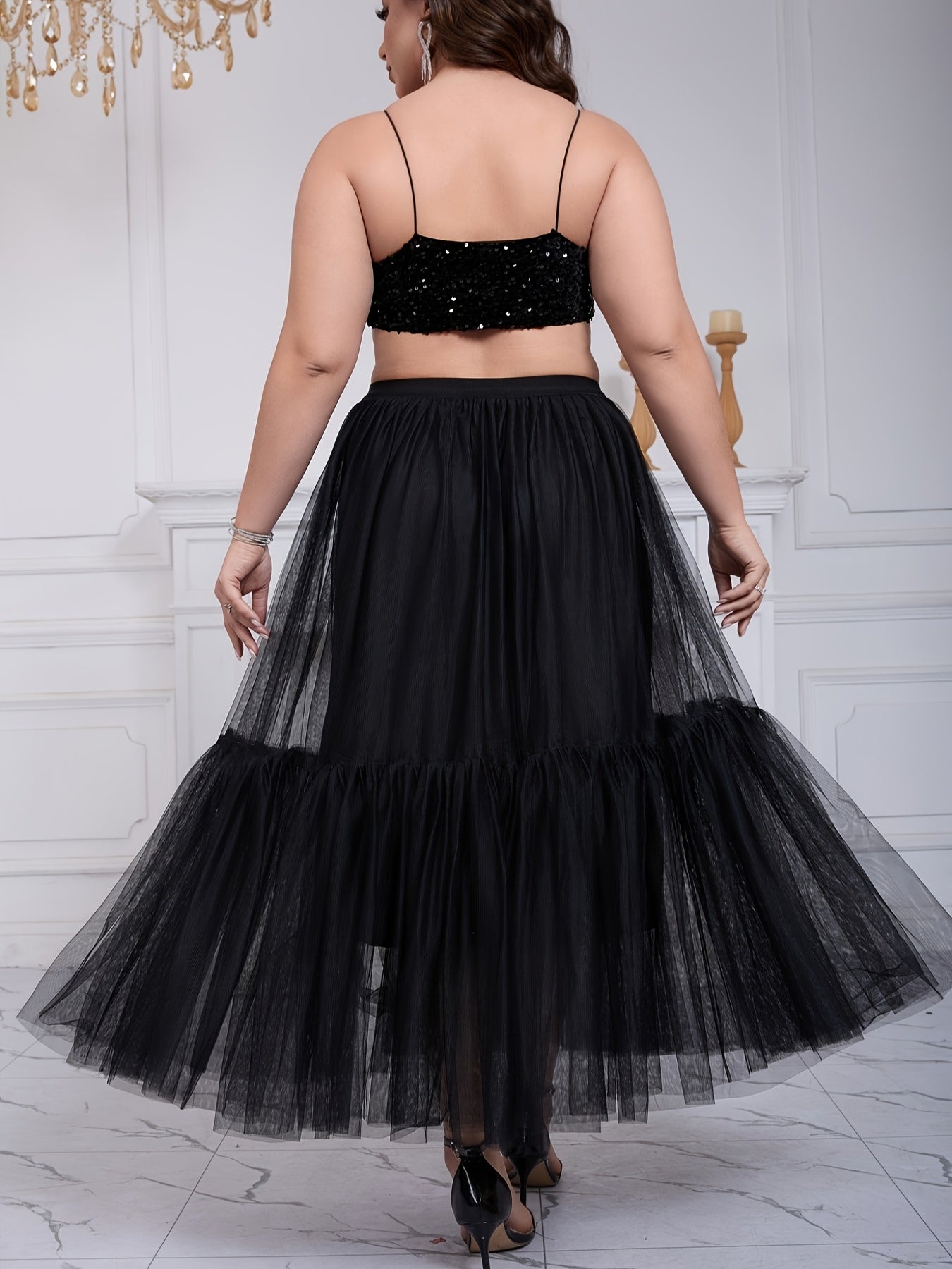 Women's Black Mesh Maxi Skirt Tiered High-Waisted Casual Elegant