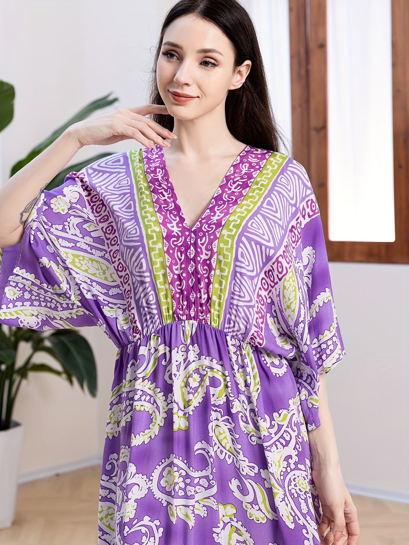 Plus Size Women's Bohemian Maxi Dress Vibrant Orange Blue Floral V-Neck