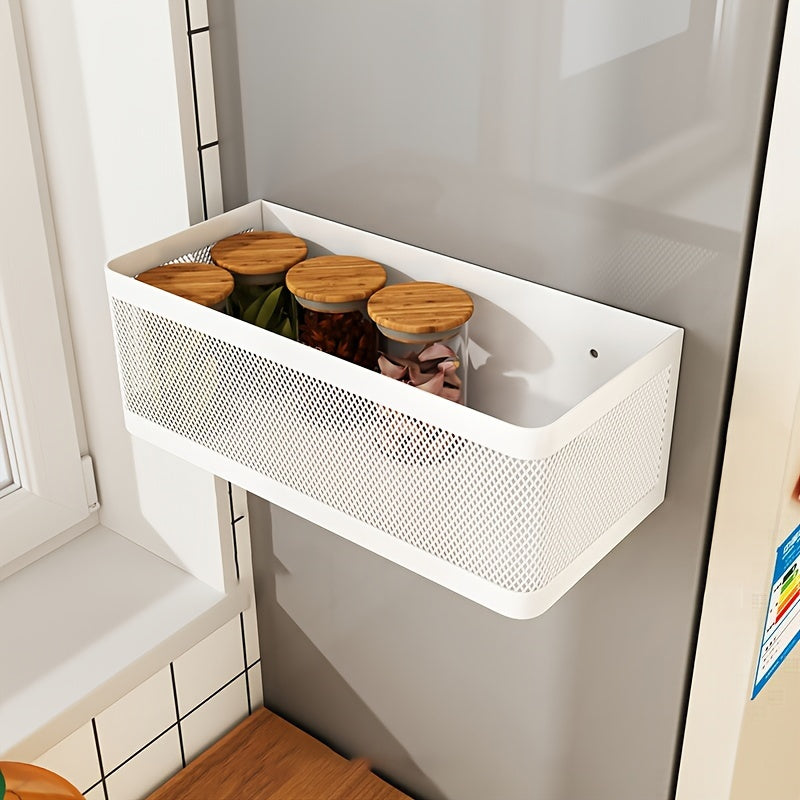 Soporte magnético para almacenamiento en refrigerador con cesta colgante y espacio para platos