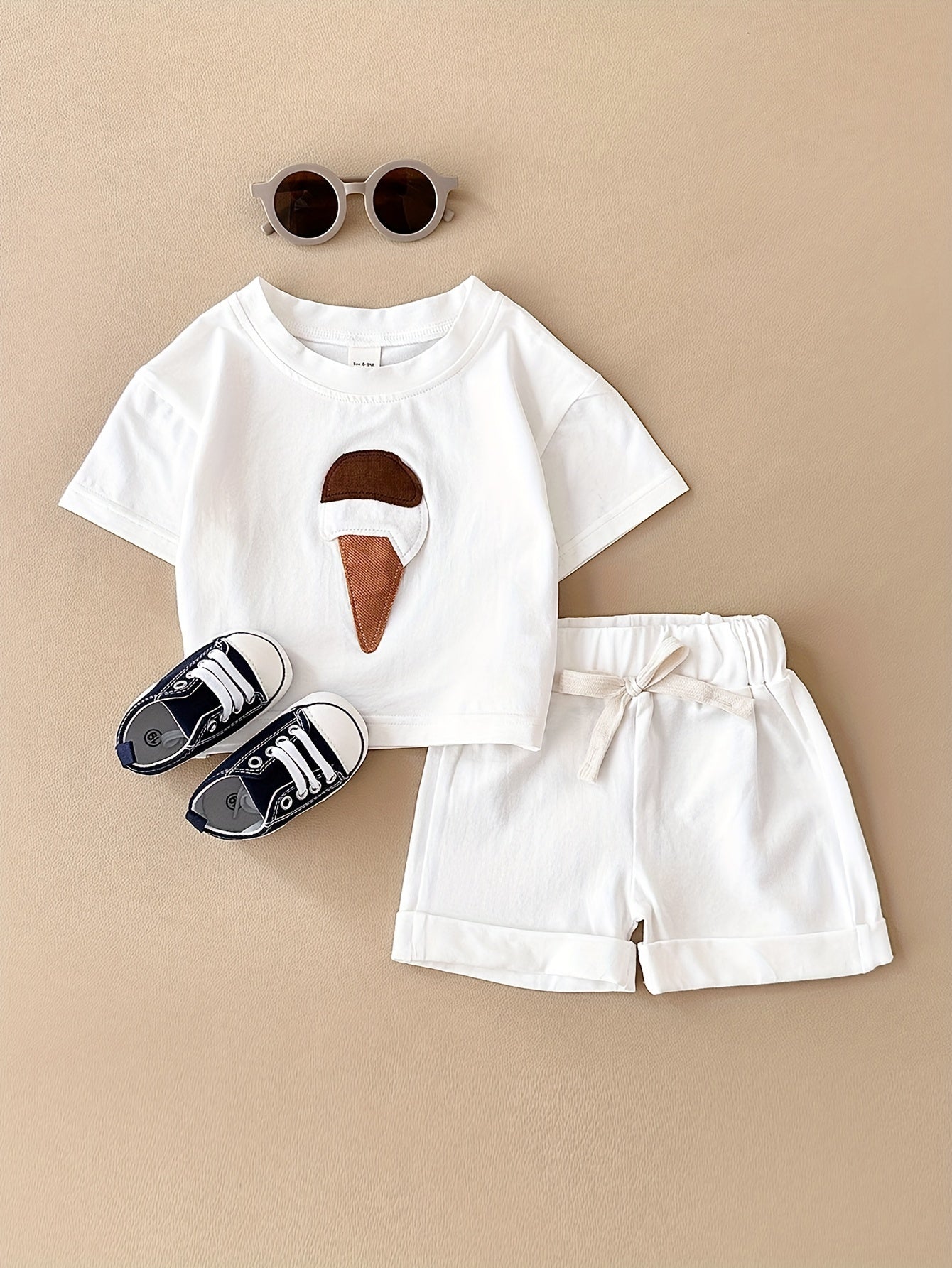 Девочки, летний хлопковый микс с аппликацией мороженого, двухпредметный комплект с коротким рукавом и шортами
