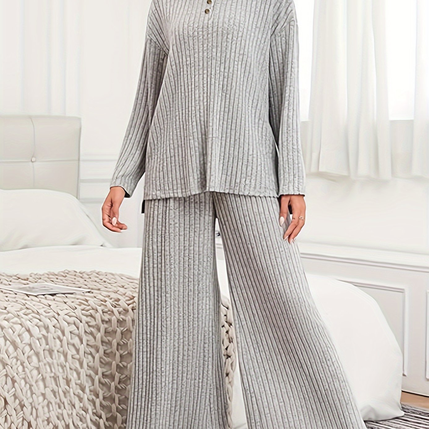 Women's Casual Suit with Ribbed Knit Top and Wide-Leg Hooded Pants