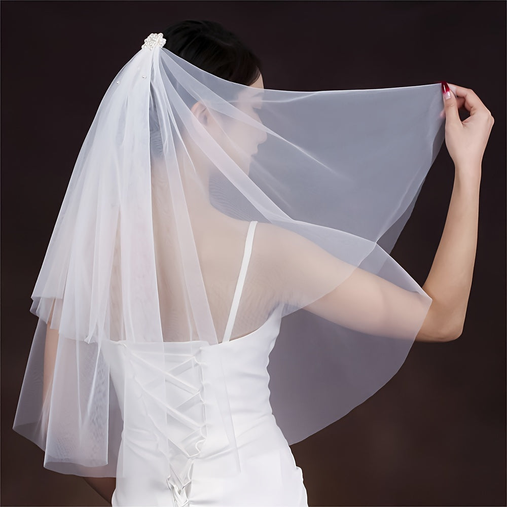 Bridal Hair Clip with Faux Pearl and Twin-Layer Veil for Women