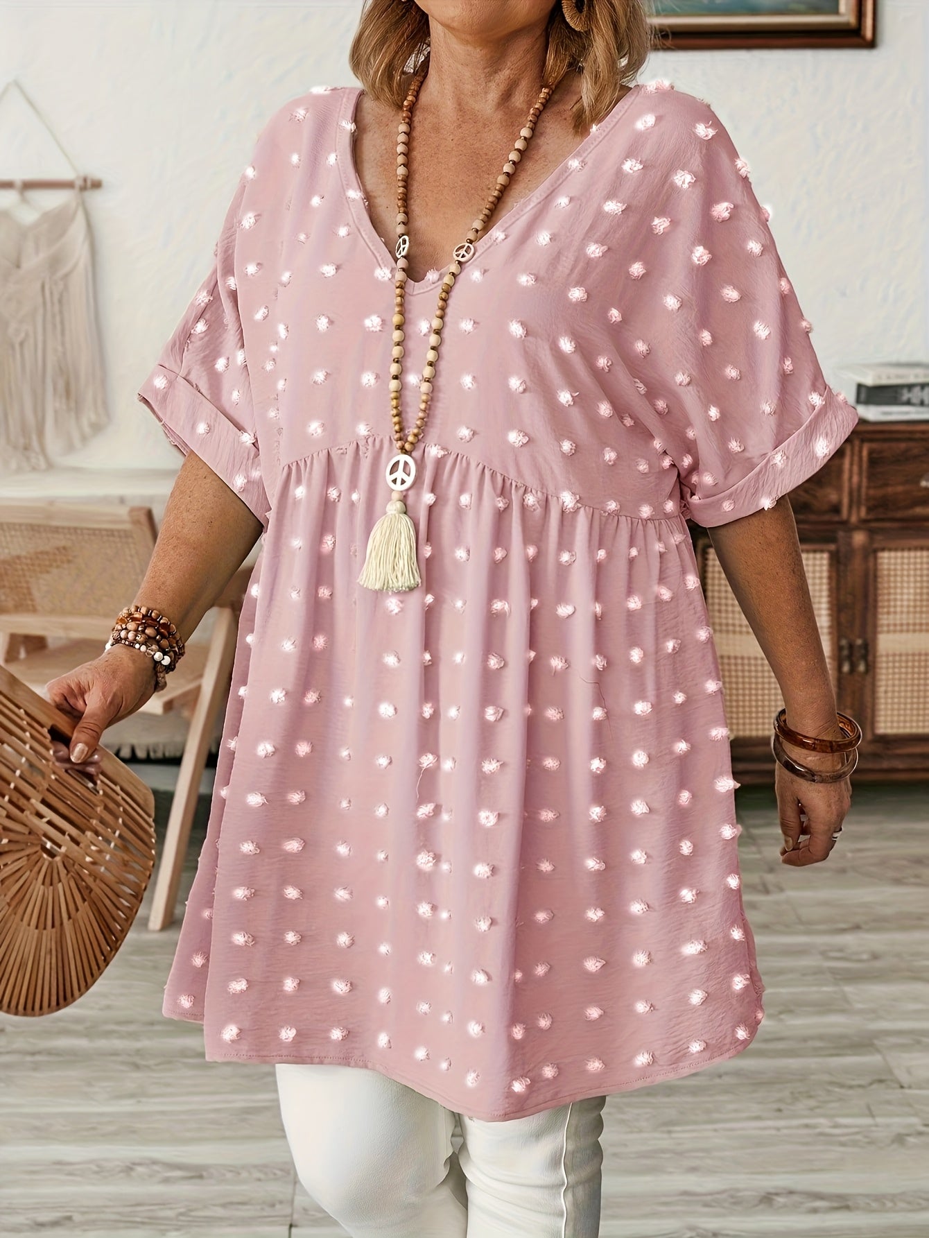 Women's Plus Size V-Neck Batwing Sleeve Blouse Stretchy Polyester Black White Dot