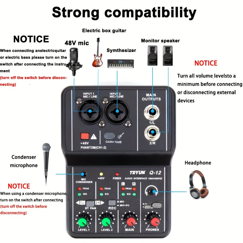 Black USB Audio Interface Mixer with XLR Inputs Phantom Power and Microphone Jack