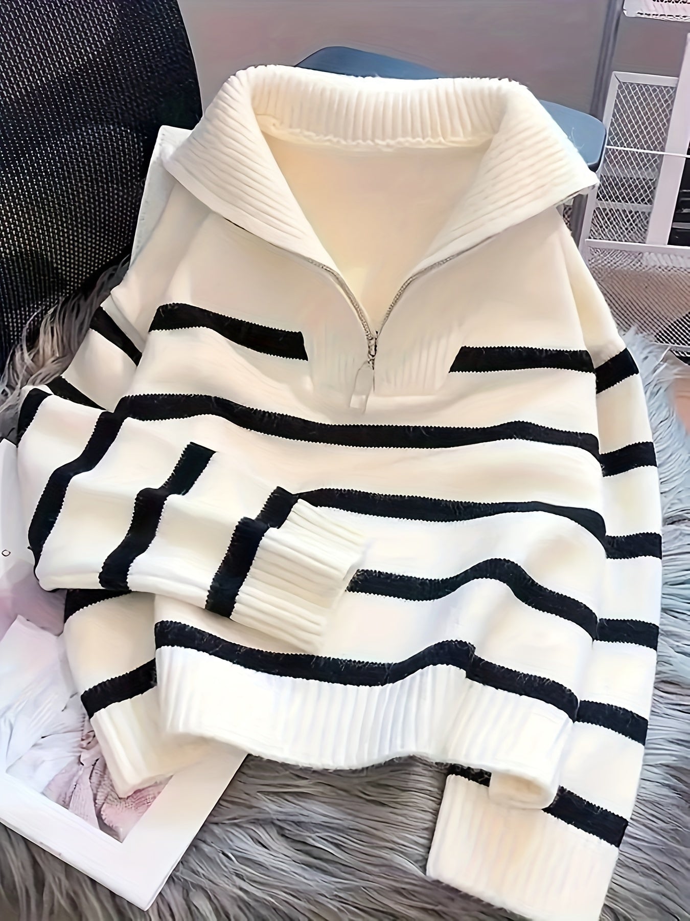Women's Black and White Striped Zip-Up Hoodie in Polyester Knit with Long Sleeves