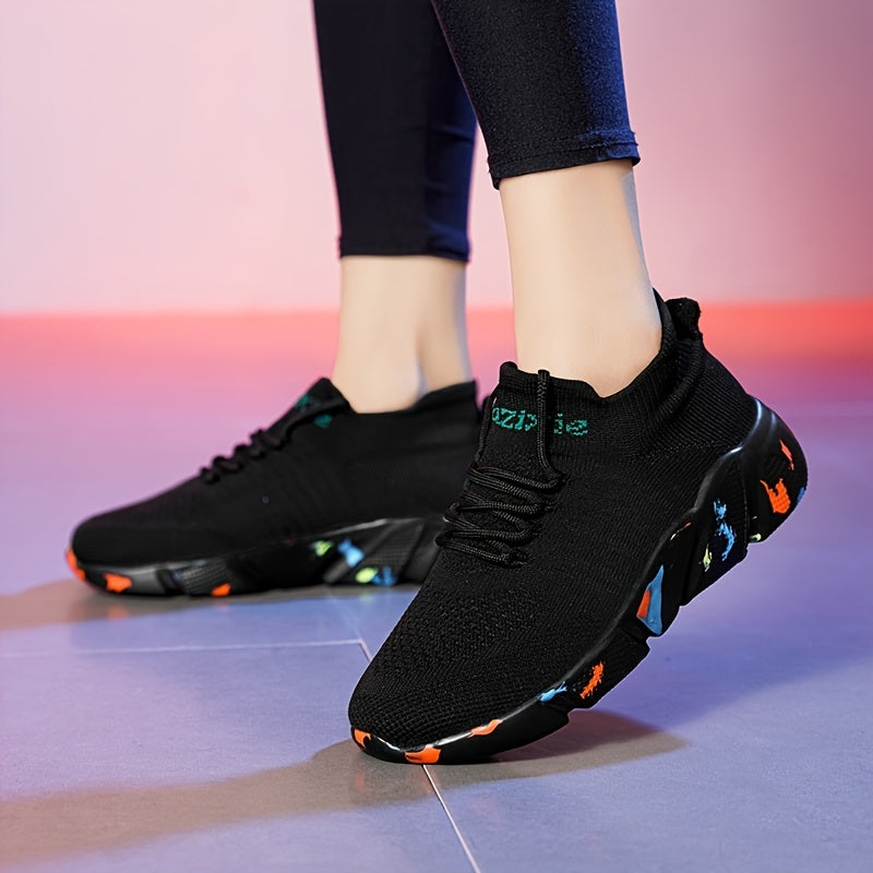 Ayollar va erkaklar uchun nafas oladigan tikuv sport krossovkalar - engil barcha mavsum uchun yugurish poyafzali qora rangda rang-barang aksessuarlar bilan