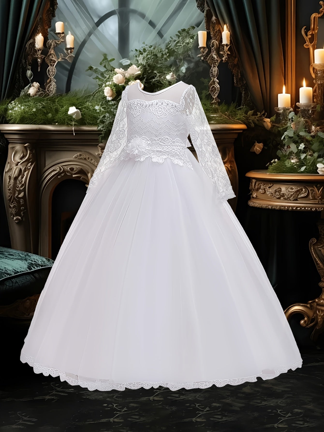 Girls' Long Sleeve Lace Dress with Pearl Embellishments and Bow Waist for Weddings and Parties