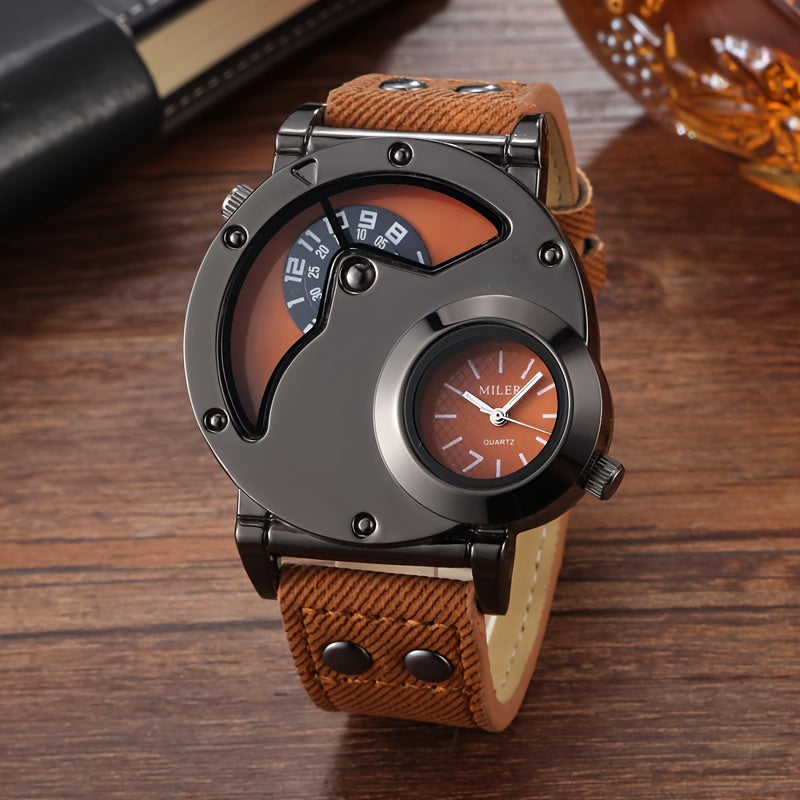 Men's Vintage Dual-Time Watch Denim Strap Alloy Case Quartz Large Dial Not Waterproof