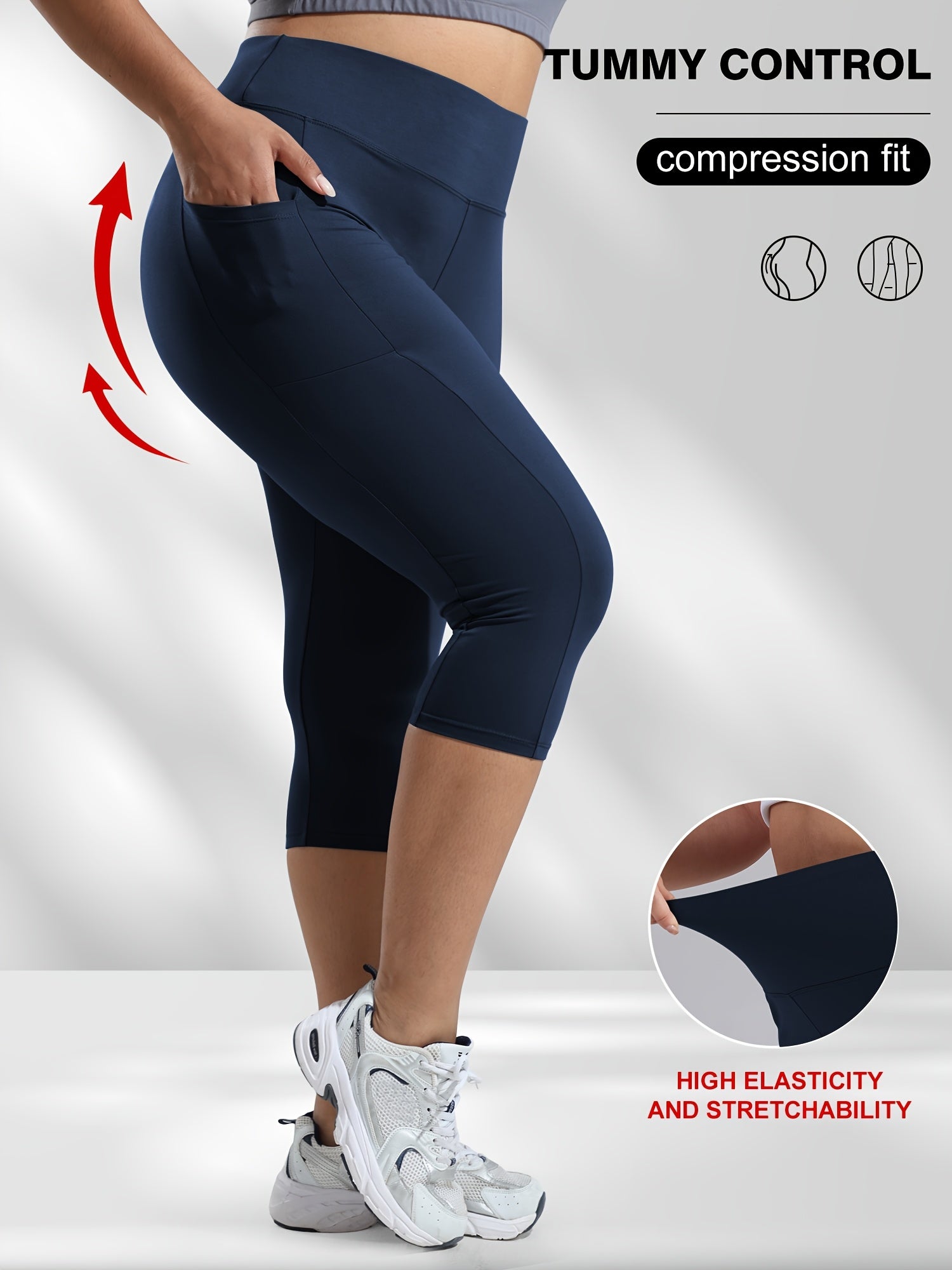 Plus Size High Waist Capri Leggings with Pockets for Women, Yoga, Running