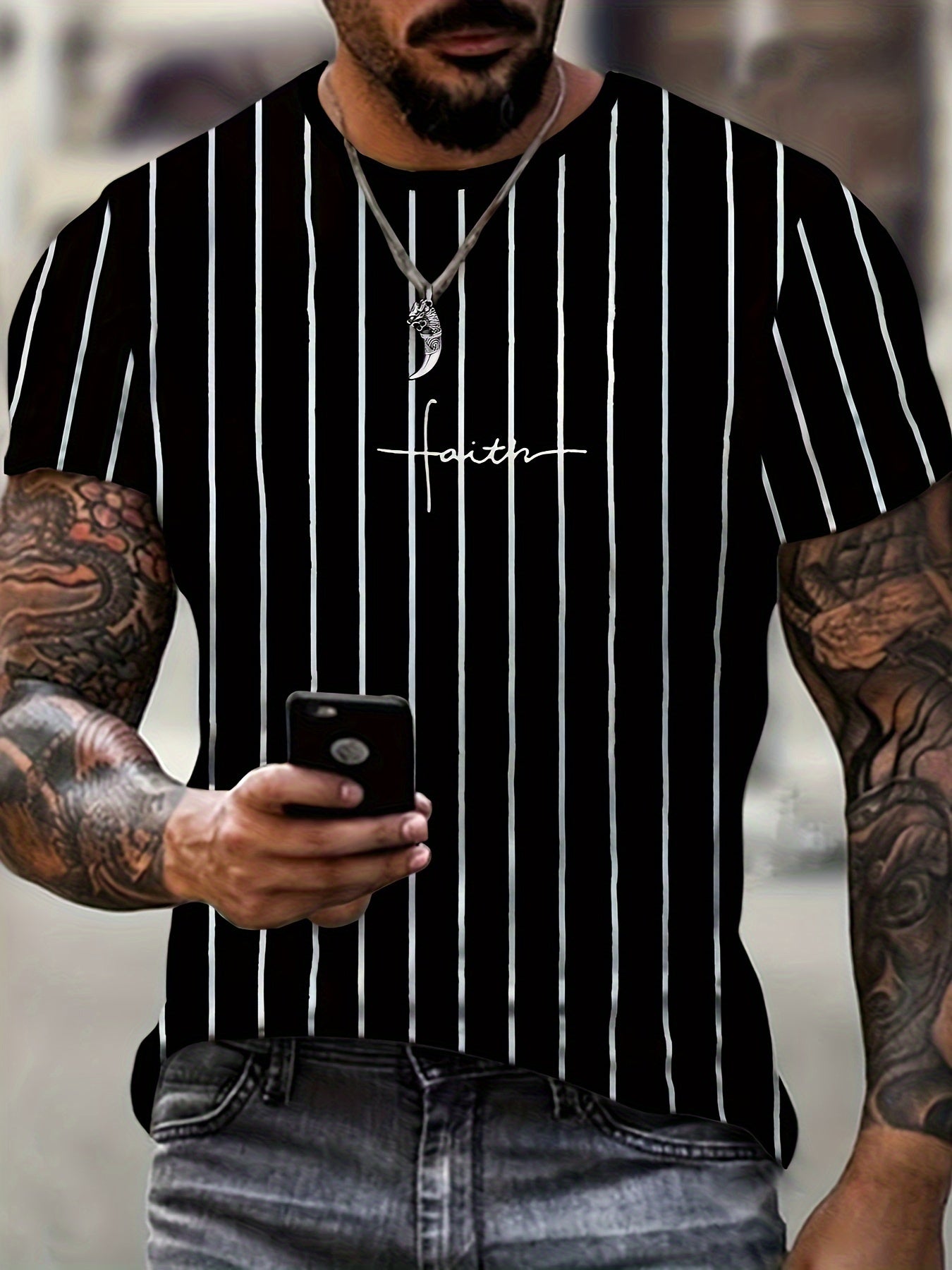 Plus Size Summer Stripes Print T-shirt Polyester Casual Sports Men