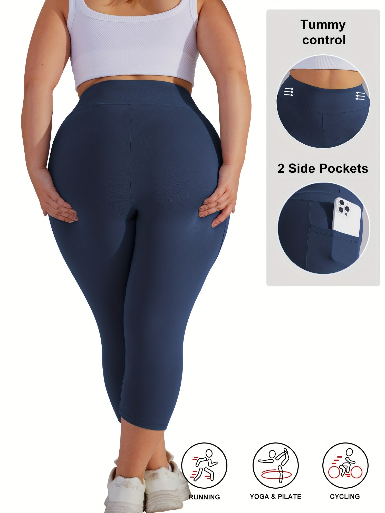 Женские леггинсы для йоги большого размера с высокой талией, карманами и контролем живота