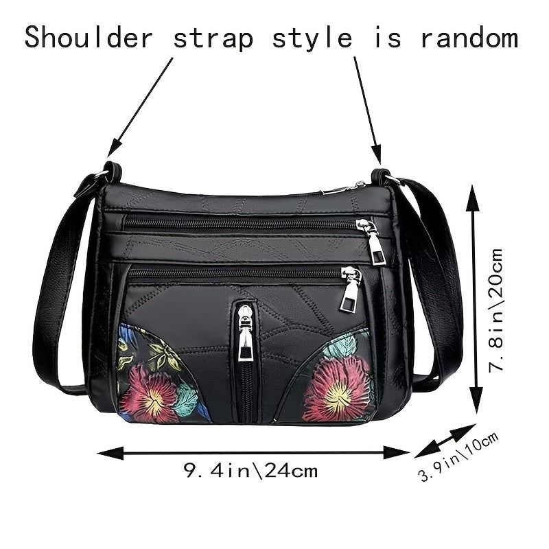 Bolso bandolera unisex de cuero sintético con adornos florales y múltiples bolsillos