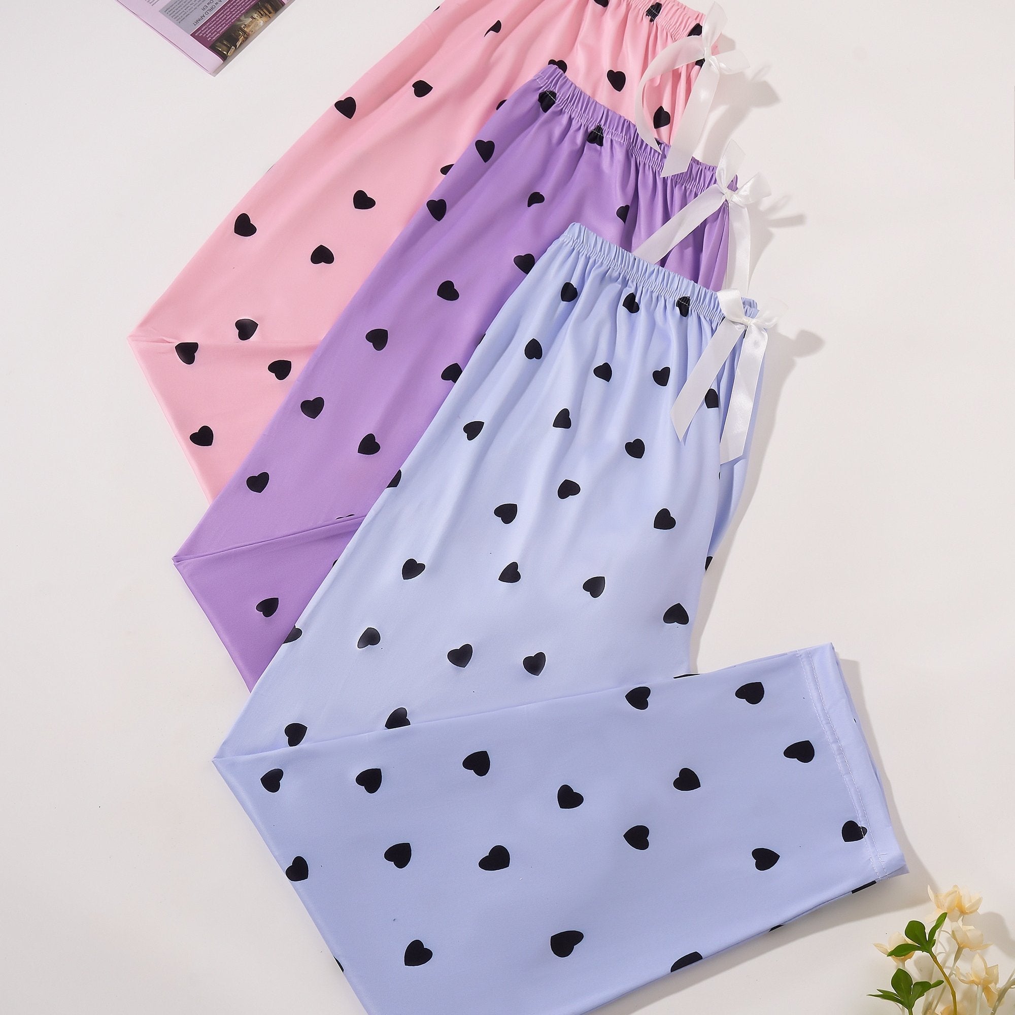 Women's Plus Size Sleep Pants Heart Print Bow Elastic Waist Loose Lounge Trousers