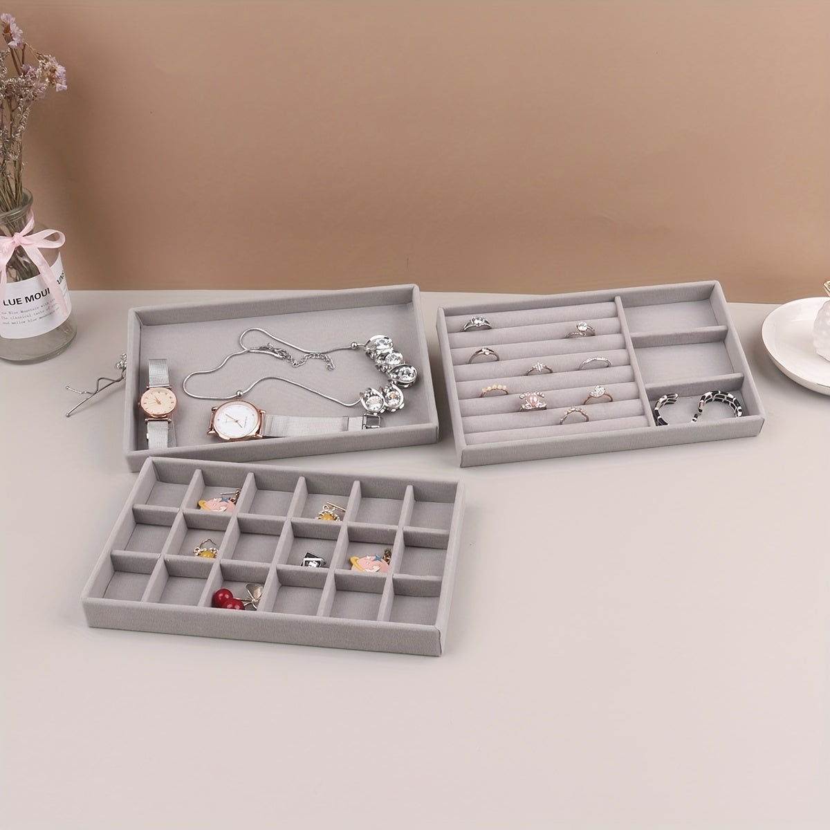 Grey Velvet Jewelry Tray Organizer with Compartments for Necklaces Bracelets Earrings Rings and Watches
