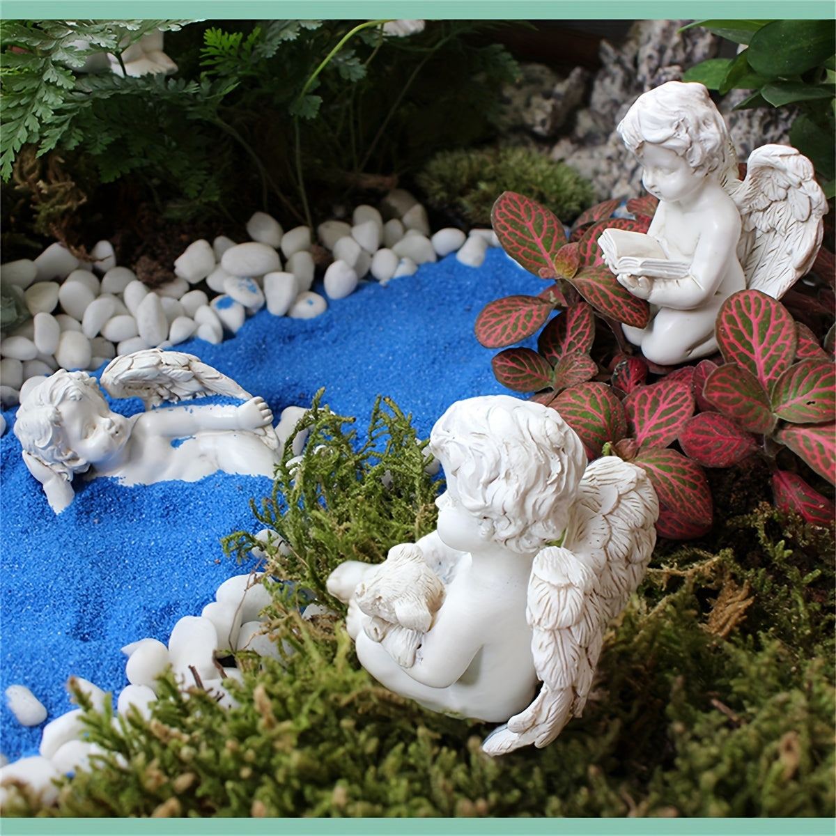 5 ta qatron Cherub Oq Farishta haykallari to'plami, ichki yoki tashqi bog' dekoratsiyasi uchun, qozon o'simliklari va peri bog'lari uchun mukammal.