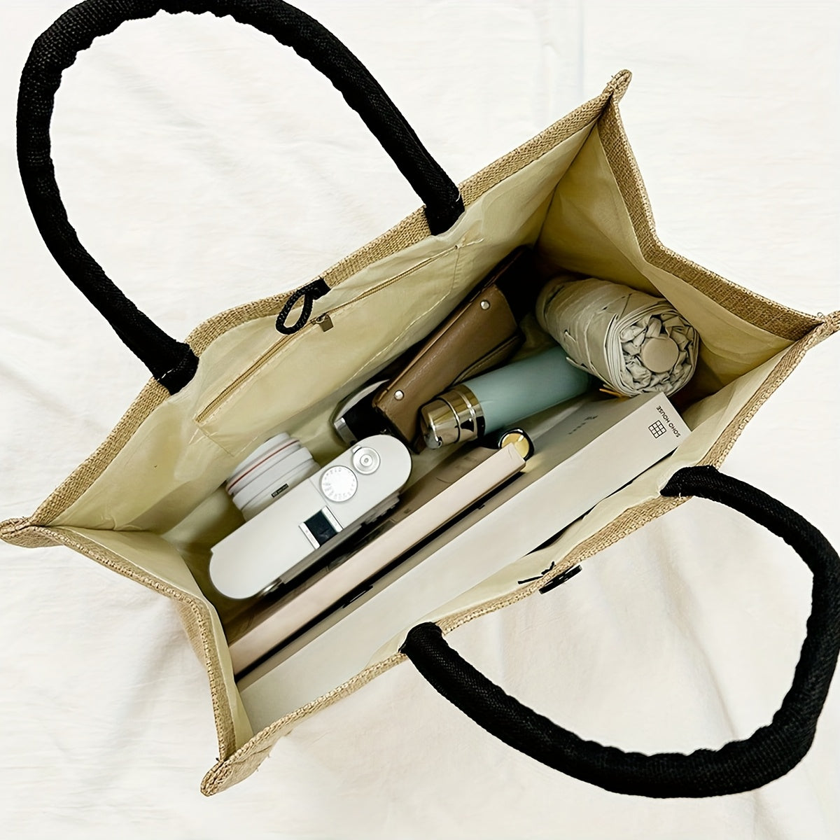 Linen Handbag Large Capacity Travel Makeup Teacher Tote Shopping Bag Khaki