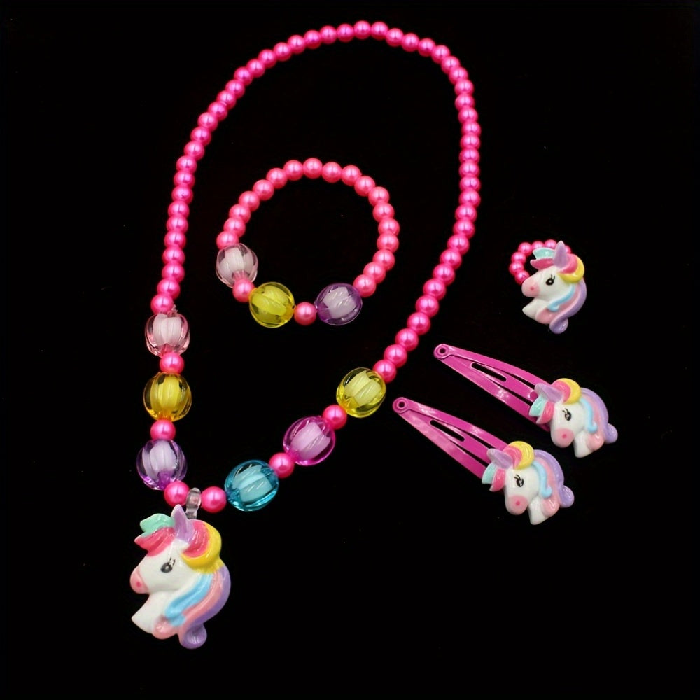 Unicorn Beaded Jewelry Kit for Kids Animal-Themed Necklace Bracelet Ring Hair Clips