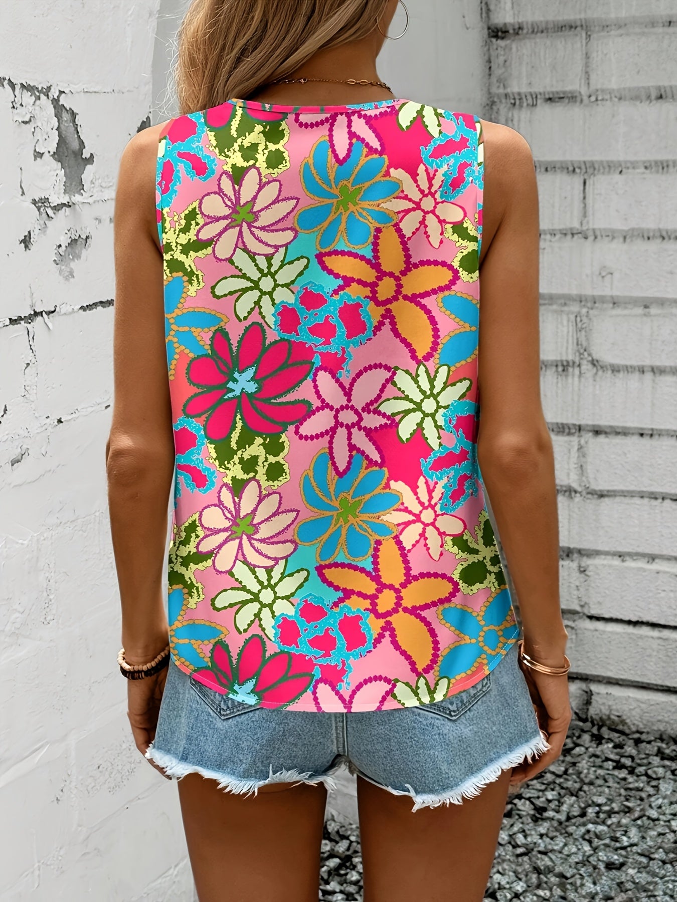 Blusa sin mangas de mujer talla grande con estampado floral y escote en V, verano casual rosa