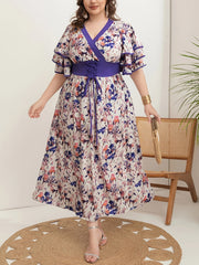 Women's Plus Size Floral V-Neck Tunic Dress with Crossover Back