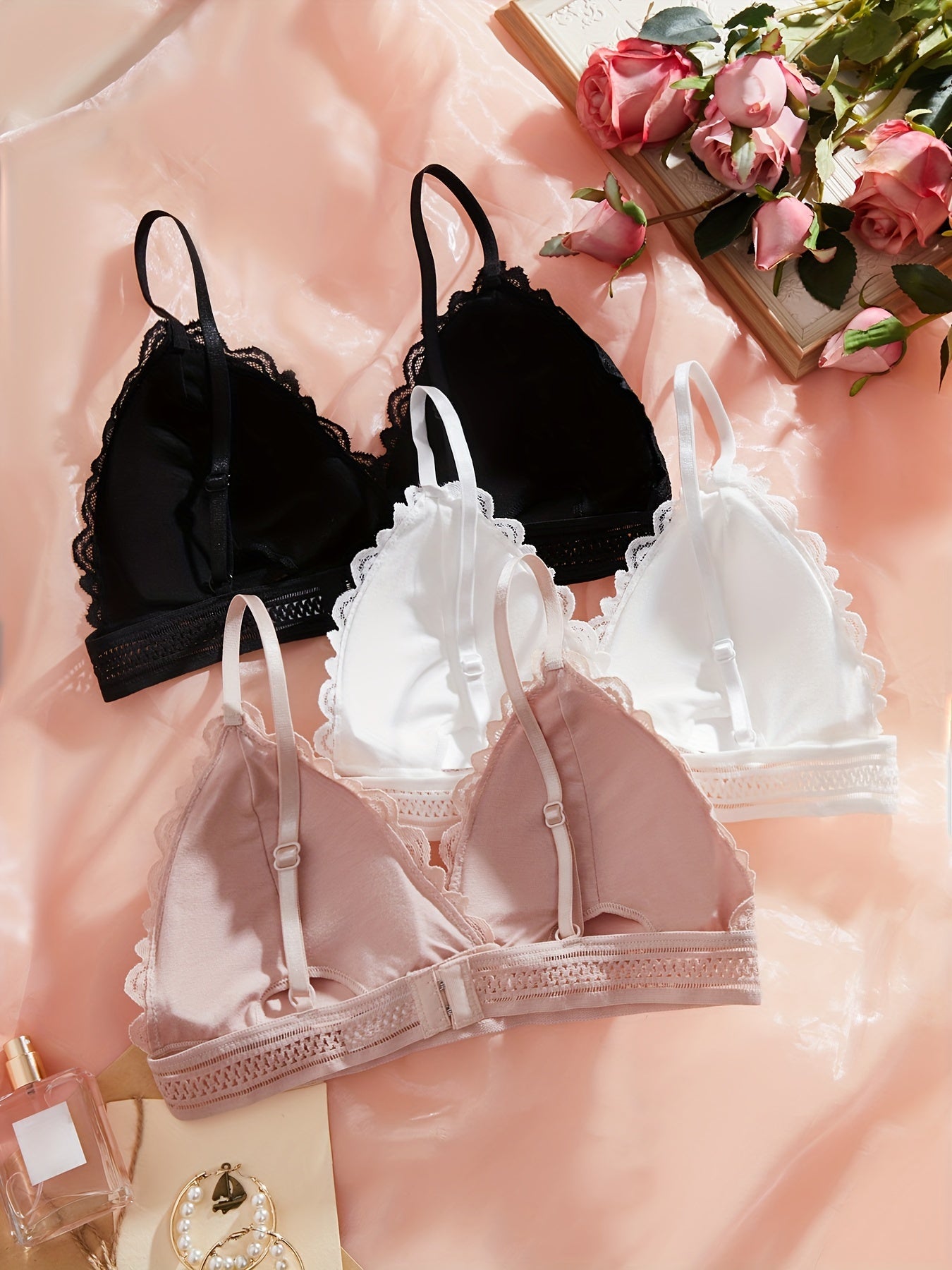 Women's Floral Lace Wireless Bra Set 3 Pieces Comfortable Breathable Lingerie