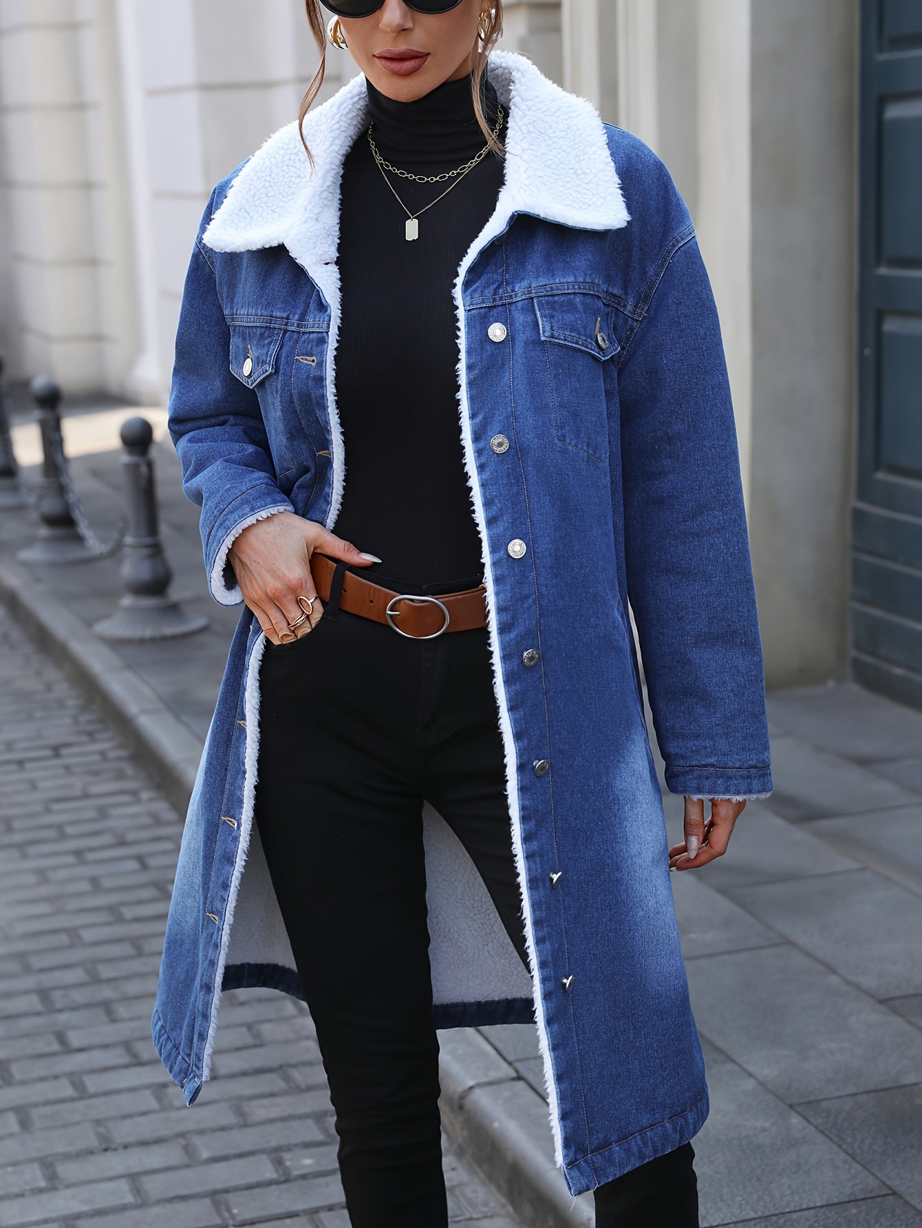 Women's Light Blue Denim Jacket with Faux Fur Trim Long Fall Winter Coat