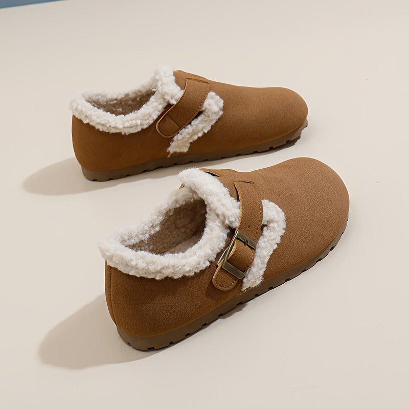 Women's Flannel-Lined Ankle Booties Casual Flat Heel Buckle Closure