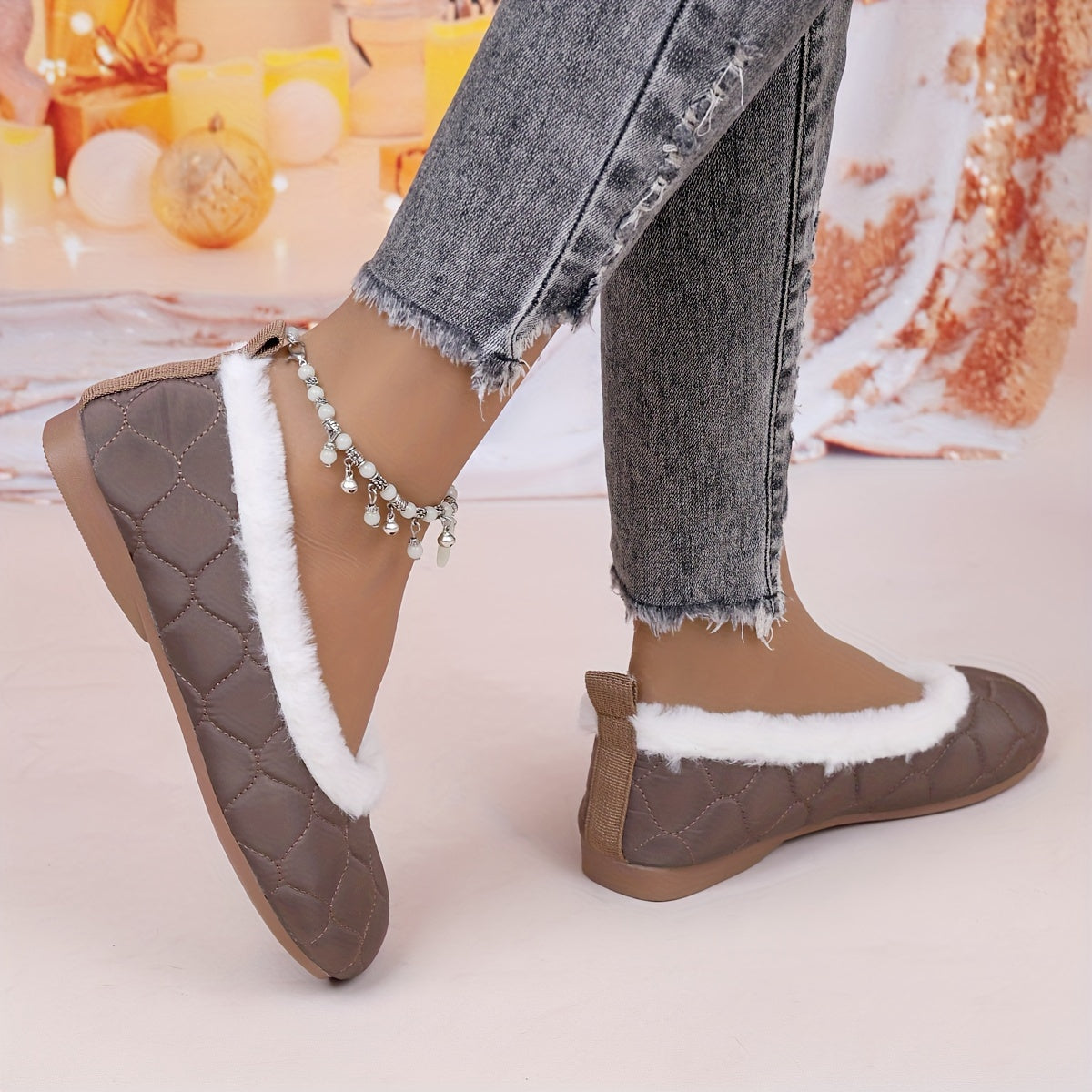 Plus-Size Women's Faux Fur Lined Mary Jane Flats Brown Beige White Winter Indoor Shoes